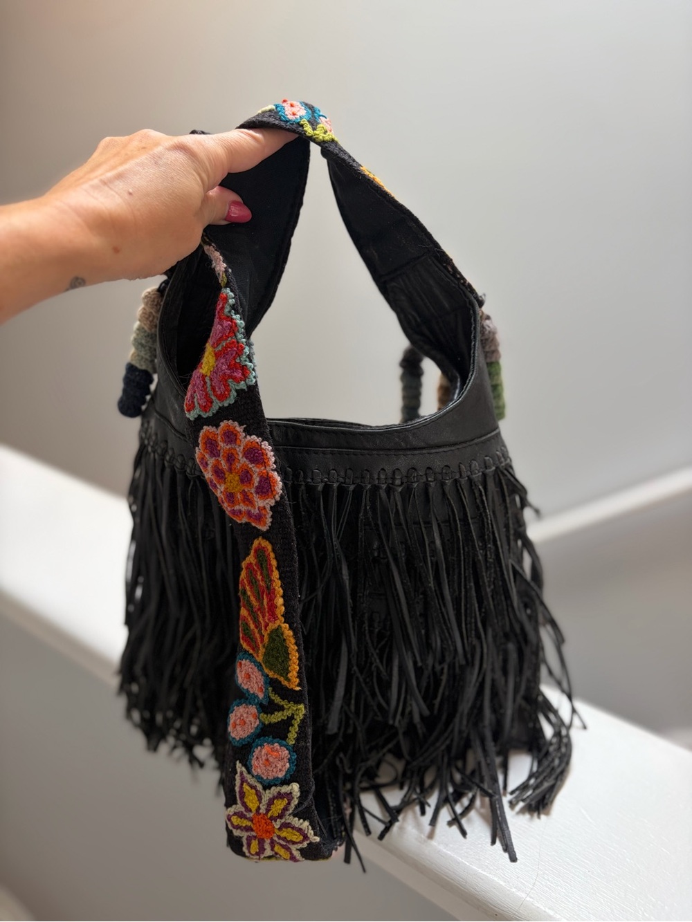 Artisan - Tulum, MX - Boho Fringe Shoulder Bag with Embroidered Strap - Black